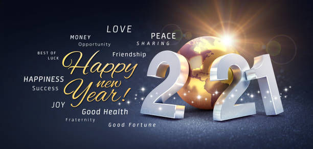New Year 2021 Greeting card wishing the best Happy New Year greetings, best wishes and 2021 date number, composed with a gold colored planet earth, on a festive black background, with glitters and stars - 3D illustration 2021 stock pictures, royalty-free photos & images