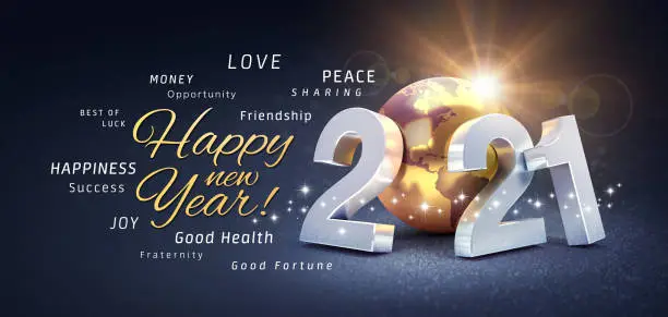 Happy New Year greetings, best wishes and 2021 date number, composed with a gold colored planet earth, on a festive black background, with glitters and stars - 3D illustration