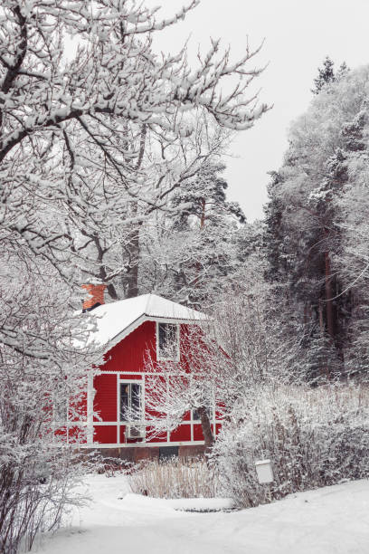 istock Red house in winter snow forest. 1286474091