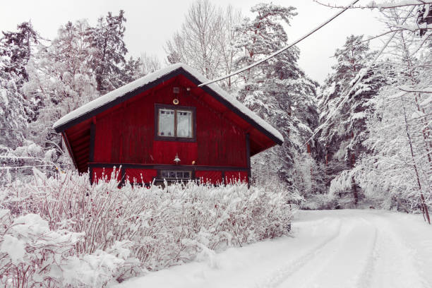 istock Red house in winter snow forest. 1286474155