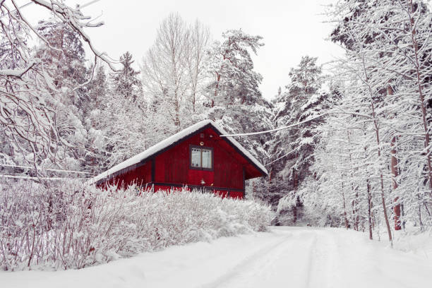 istock Red house in winter snow forest. 1286474160