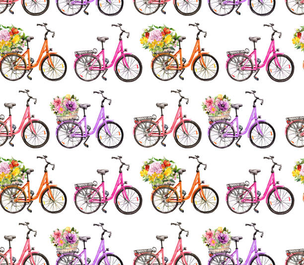 istock Bicycles and flowers in basket. Seamless pattern. Watercolor sport background 1286475683