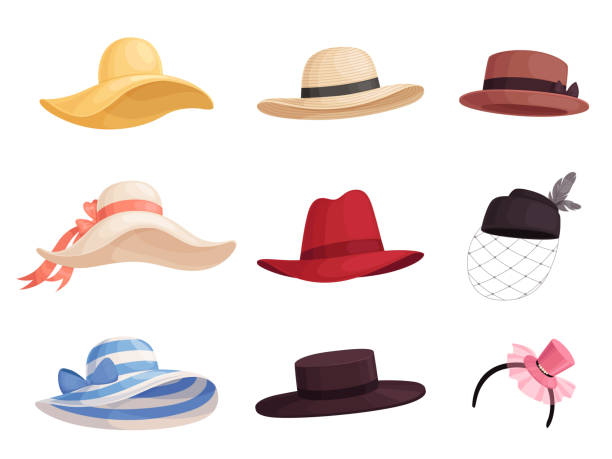 ilustrações, clipart, desenhos animados e ícones de conjunto de chapéus femininos da moda de diferentes cores e estilos em estilo retrô. elegante chapéu de abas largas, panamá, gaúcho, fedora. - cowboy cowboy hat hat summer