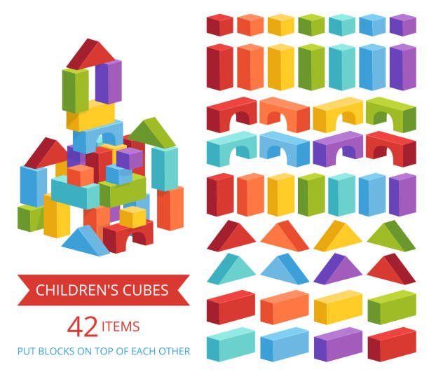 набор детских кубиков разных цветов для изготовления замков и башен. детская воспитательная игра - color match stock illustrations