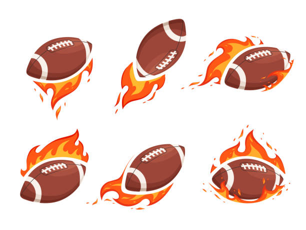 ilustraciones, imágenes clip art, dibujos animados e iconos de stock de un conjunto de imágenes de pelotas para fútbol americano y rugby en llamas. el concepto de confrontación caliente y la quema lanza - american football playing touchdown team sport