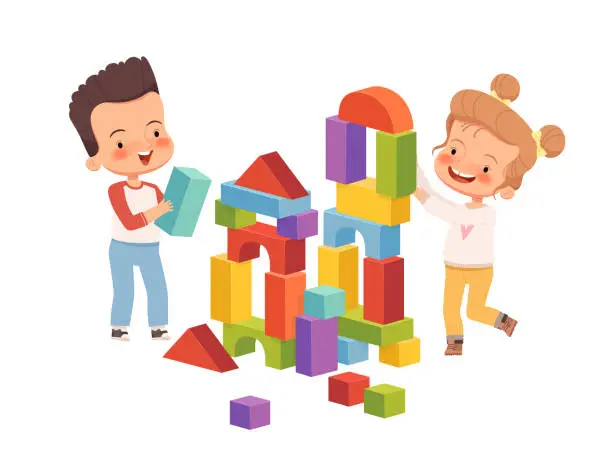 Vector illustration of Boy and girl are smiling and building a tower of children's blocks. Children play friendly and fun together