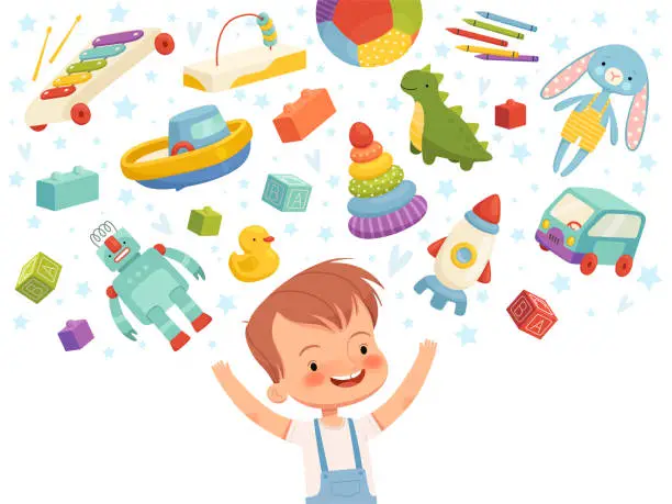 Vector illustration of Joyful boy with different toys flying around. Concept child dreams about children's toys.