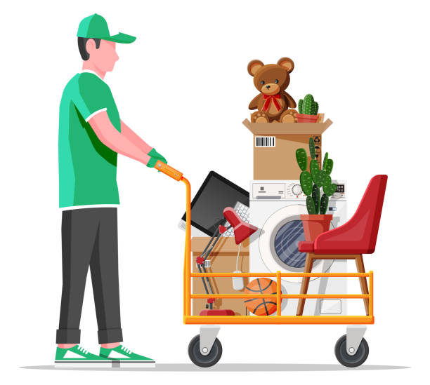 Mover and hand truck, package for transportation Male mover, hand truck and package for transportation. Moving to new house. Family relocated to new home. Paper cardboard boxes with various household thing. Vector illustration in flat style mover delivery person box hand truck stock illustrations