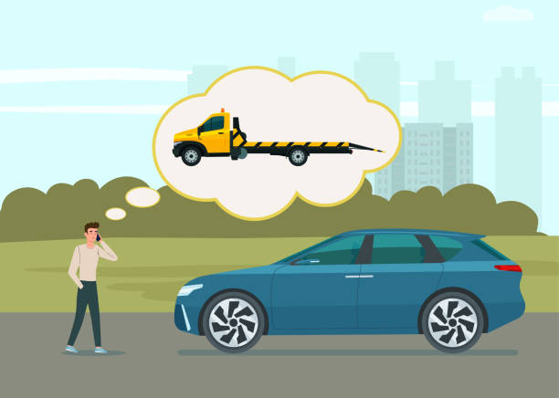 ilustrações de stock, clip art, desenhos animados e ícones de a man calls a tow truck, his electric car is discharged on a country road.  vector flat style illustration. - tow truck heavy truck delivering