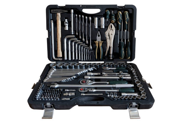 istock Set of tools in plastic case. Auto toolbox isolated on white background. Business concept. 1286481057