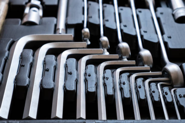 istock Set of car tools in toolbox. Repair service. Toolkit. Adjustable metallic tools in auto shop. 1286481182