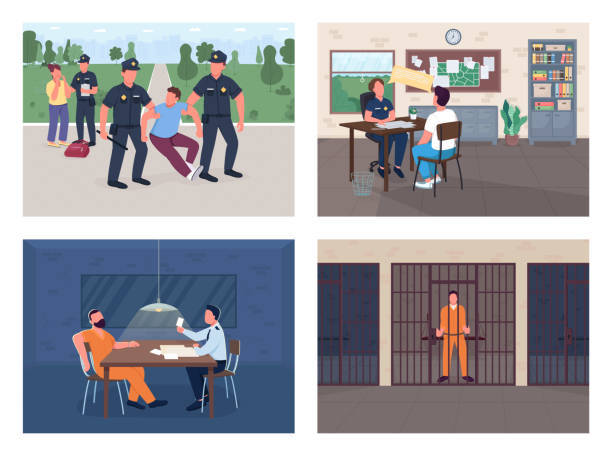 Police investigation flat color vector illustration set Police investigation flat color vector illustration set. Arrest burglar. Officer interview victim. Policeman, witness and criminal 2D cartoon characters with department interior on background pack police interview stock illustrations