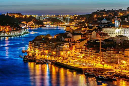 Panoramamic view of the Ribeira District in Porto, Portugal, and the Douro River seen from the city of Vila Nova de Gaia.
