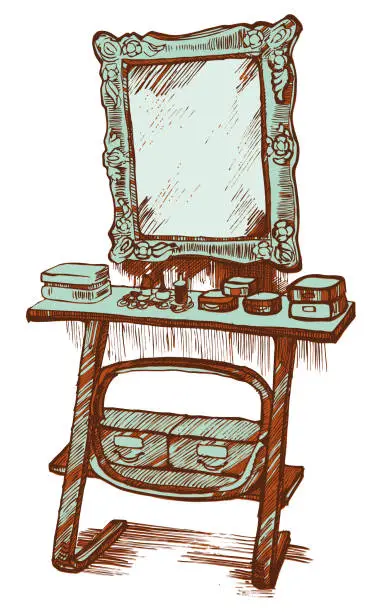 Vector illustration of ink, pen. dressing table, mirror sketch on white background