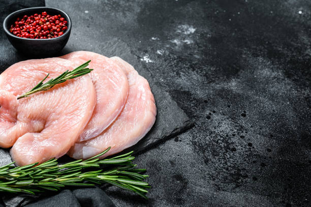 istock Raw Turkey breast steaks. organic poultry meat. Black background. Top view. Copy space 1286486232