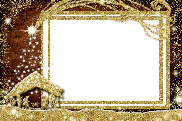 Christmas empty picture frame greetings cards. Nativiy Scene, Christmas empty picture frame greetings cards. Nativiy Scene, Christmas and Bethlehem Star golden glitter, empty white  picture frame on old wooden background. religious christmas greetings stock pictures, royalty-free photos & images