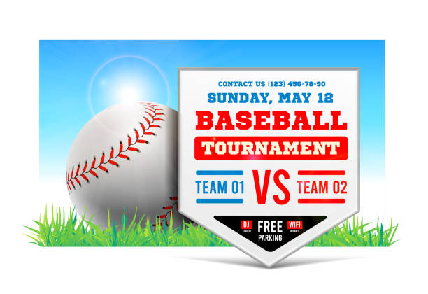 ilustraciones, imágenes clip art, dibujos animados e iconos de stock de placa de béisbol en el fondo del campo de hierba. vector. anuncio de juego de béisbol. - baseball
