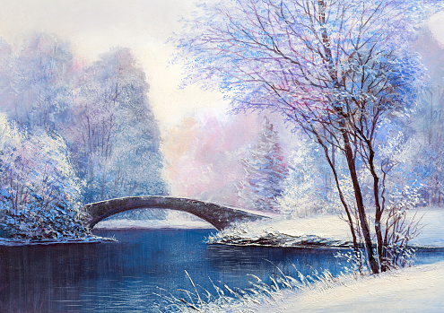 Winter landscape with a river and a bridge. Original oil painting.