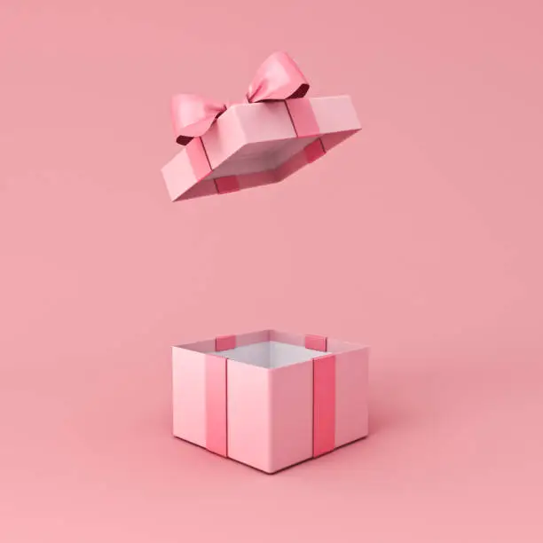 Blank open pink gift box or present box with pink ribbon bow isolated on light pink orange pastel color background with shadow minimal conceptual 3D rendering