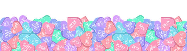 ilustraciones, imágenes clip art, dibujos animados e iconos de stock de patrón sin costuras de la conversación del día de san valentín - candy heart candy valentines day heart shape