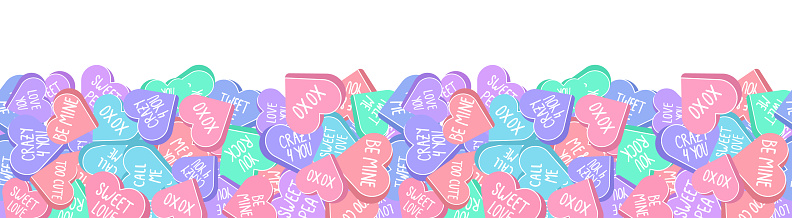 Cute vector seamless pattern with conversation hearts. Saint Valentines Day sweethearts repeatable frame.
