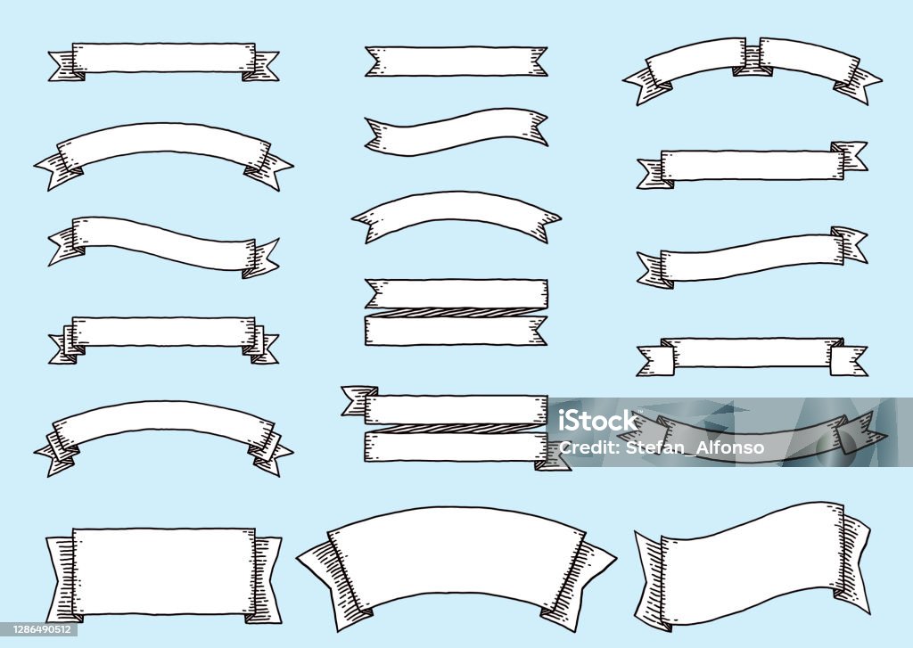 Set of hand drawn ribbons and labels Rough vector doodles of ribbons and labels. Black outline with white fill. Carefully grouped and labeled in layers panel. Easy to select and edit Web Banner stock vector