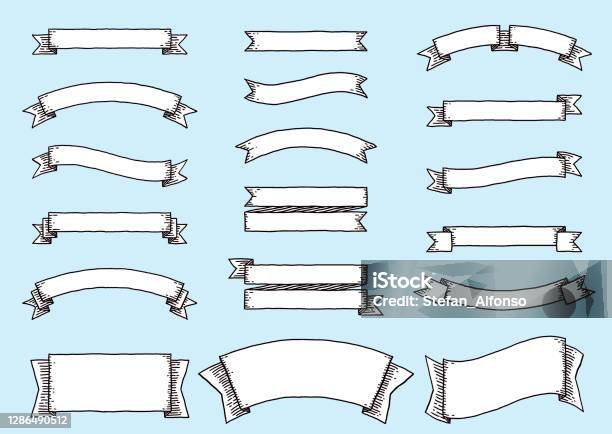 Set Of Hand Drawn Ribbons And Labels Stock Illustration - Download Image Now - Web Banner, Banner - Sign, Ribbon - Sewing Item