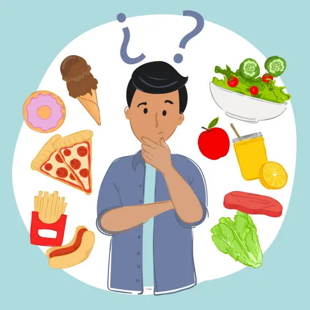 Vector illustration of Choosing between healthy or unhealthy food Vector illustration