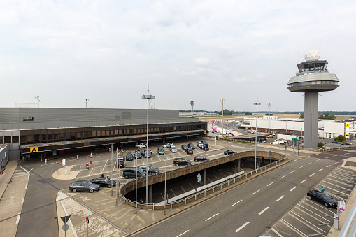 Hanover, Germany - August 9, 2020: Terminal and tower of Hanover Airport in Germany.