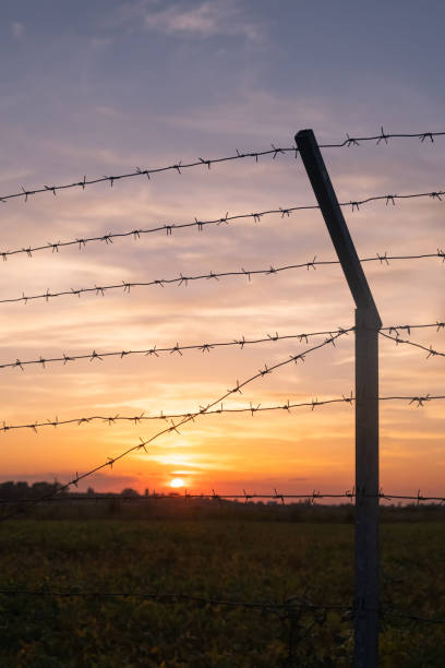 istock silhouette of Barbed wire on sunset background 1286495430