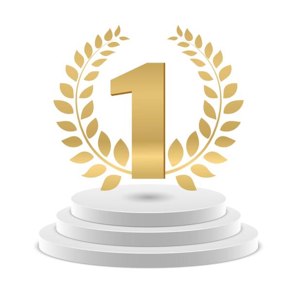 istock Winner podium. Vector golden number 1 and wreath. Competition winner pedestal 1286496875