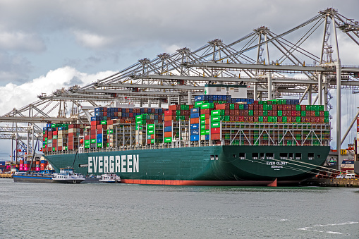Container ship from Evergreen moored at the ECT container terminal in the Port of Rotterdam. September 8, 2019