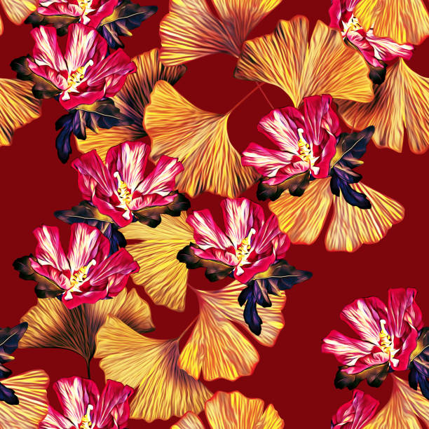ilustraciones, imágenes clip art, dibujos animados e iconos de stock de hojas de ginkgo con flores exóticas patrón sin costuras. - japanese maple leaf autumn abstract