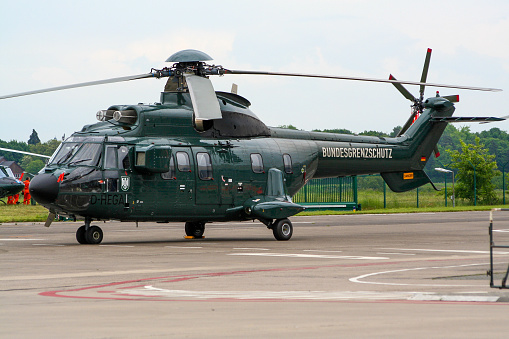 German Border patrol Eurocopter AS-332L1 Super Puma helicopter at Bonn-Hangelar airport. Germany - May 22, 2005.