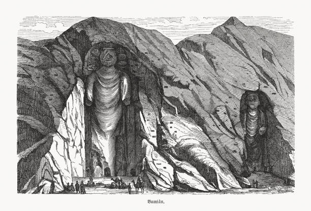 ilustraciones, imágenes clip art, dibujos animados e iconos de stock de budas de bamiyan, valle de bamyan, afganistán, grabado en madera, publicado en 1893 - afghanistan person