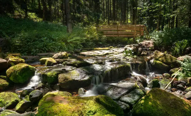 Idyllic stream in the forest with large mossy stones and a wooden bridge - Sankenbach ford near Baiersbronn, Black Forest, Germany on the hiking trail to the Sankenbachsee