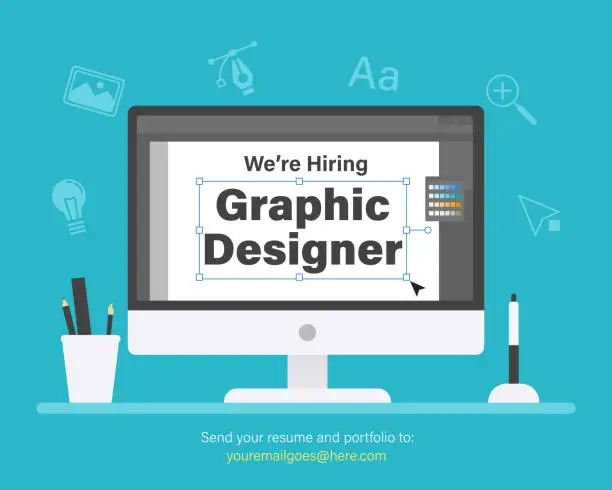 Vector illustration of We are hiring graphic designer. Recruitment banner template