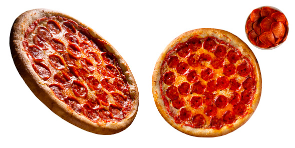 Pizza pepperoni on white background. Top view and side view. Traditional Brazilian Pizza.