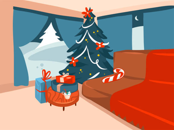 Hand drawn vector abstract stock flat Merry Christmas,and Happy New Year cartoon festive illustrations of big decorated Xmas tree in holiday home interior isolated on color background Hand drawn vector abstract stock flat Merry Christmas,and Happy New Year cartoon festive illustrations of big decorated Xmas tree in holiday home interior isolated on color background. scene40 stock illustrations