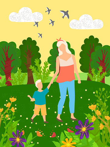 Family leisure in green park, mother holding son going near flowers and trees, portrait view of mom and child outdoor, cloudy sky with birds vector