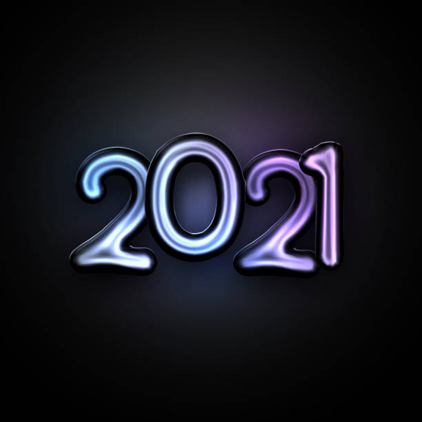 istock Blue and violet foil balloon 2021 sign on black background. 1286512756