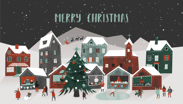 frohe weihnachten vektor-illustration. schnee bedeckte kleine stadt. weihnachtsmarkt - weihnachtsmarkt stock-grafiken, -clipart, -cartoons und -symbole
