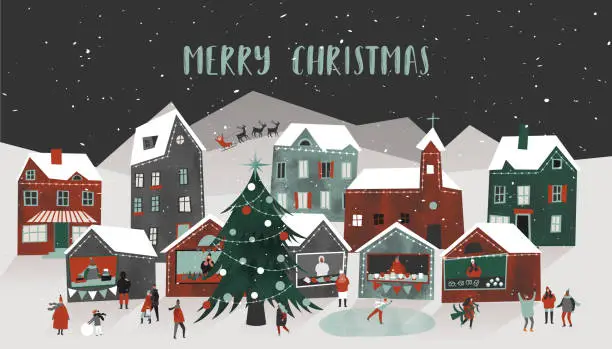 Vector illustration of Merry Christmas vector illustration. Snow covered little town.Christmas fair