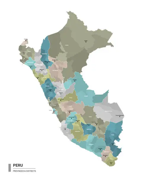 Vector illustration of Peru higt detailed map with subdivisions. Administrative map of Peru  with districts and cities name, colored by states and administrative districts. Vector illustration.