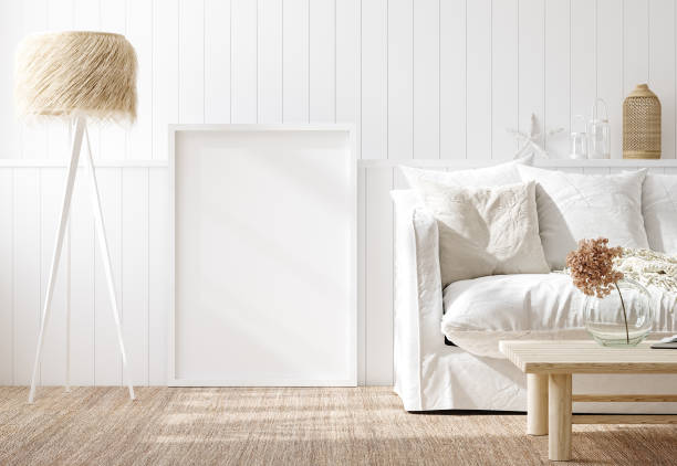 istock Mock up frame in cozy home interior background, coastal style living room 1286518374