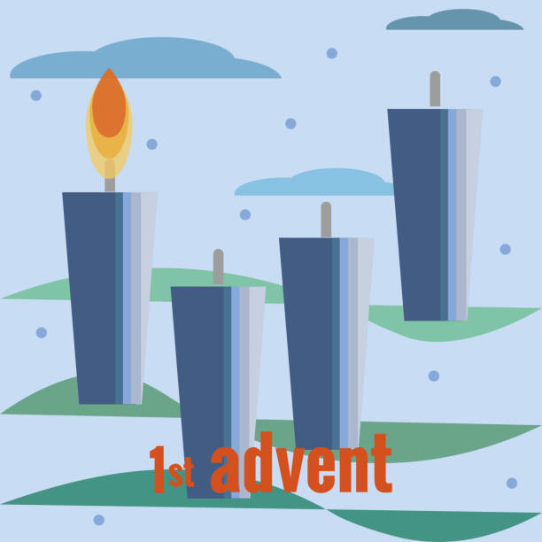 erster adventssonntag. vier kerzen, eine brennende kerze, schnee, wolken, christbaumzweige. vektor-illustration im flachen stil. weihnachts-countdown, für soziale netzwerke, banner. - 1 advent stock-grafiken, -clipart, -cartoons und -symbole