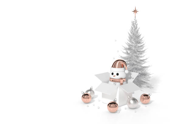 Cute Rose Gold Snowman standing with gift box, christmas ball ornaments object group on white background 3d rendering. 3d illustration minimal style, christmas and new year sale concept.