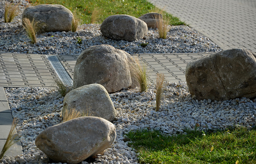 High angle view wood garden path and pebbles