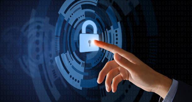 istock Illustration of hand touching closed padlock with keyhole icon 1286520611