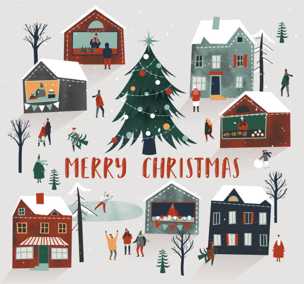 Merry Christmas vector illustration. Snow covered little town. Christmas fair vector art illustration